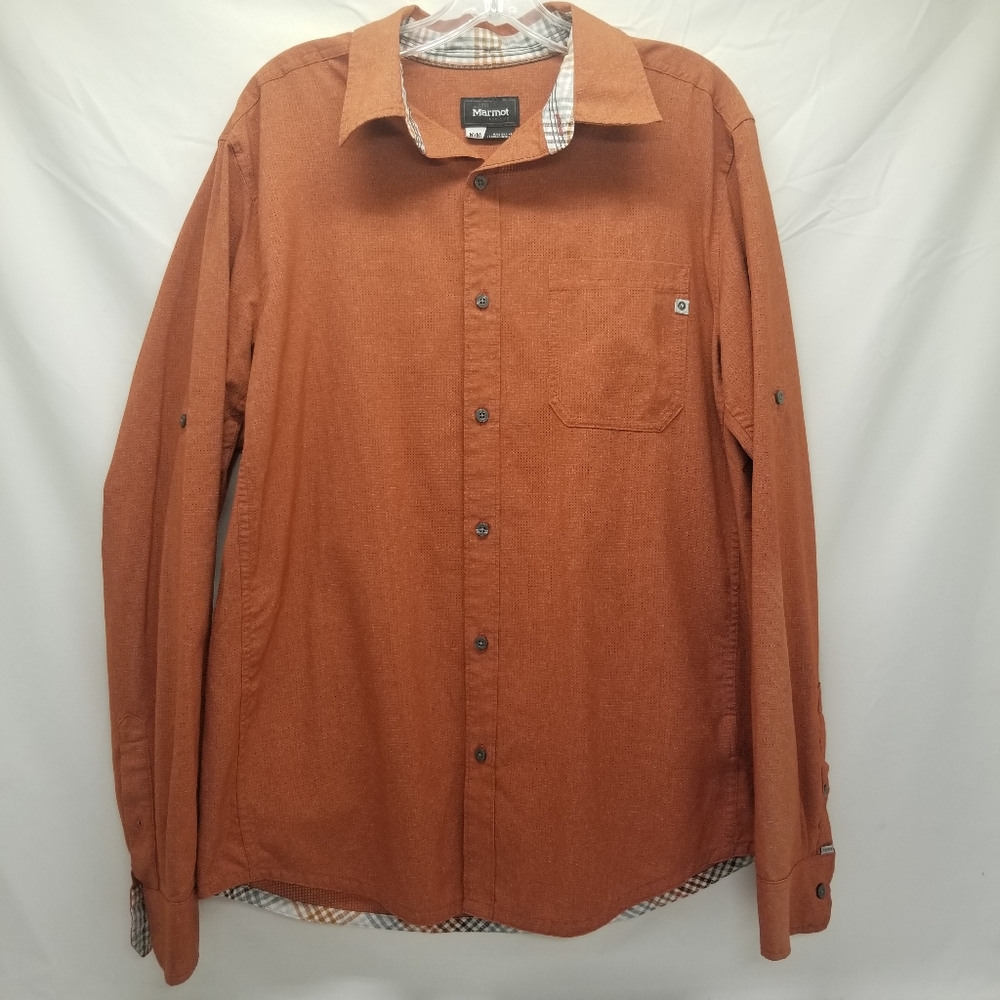 Marmot Aerobora Mens Shirt Size M Long Roll Tab Sleeves Button Up Burnt Orange